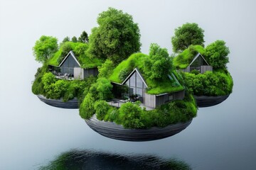 Obraz premium Three floating eco-homes covered with lush greenery and trees, surrounded by water, blending modern design with nature to evoke a sense of sustainability and tranquility