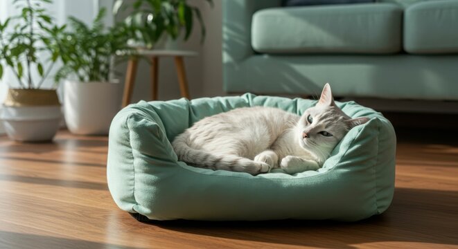 Relaxed cat lounging in cozy green bed in sunlit living room