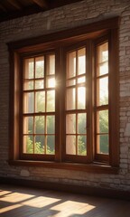 Warm sunlight filtering through old wooden windows, cozy atmosphere, wooden windows, old house