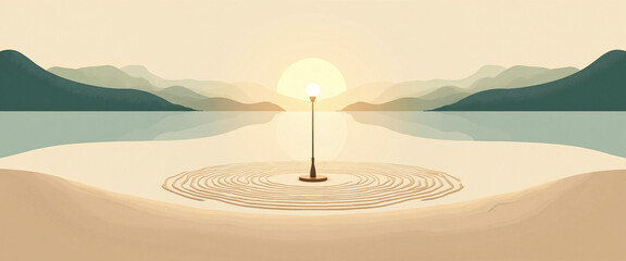 Sunrise over a serene beach with soft ripples in the sand creating circular patterns, evoking a peaceful and tranquil mood in an idyllic natural setting