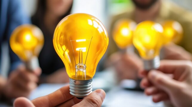 Multiple hands holding light bulbs, symbolizing ideas or innovation