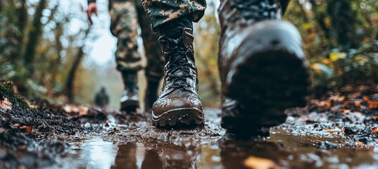 Soldiers Muddy Combat Boots in Forest, Military Training Exercise, Outdoor Fitness Challenge