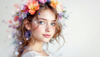 Naklejka premium Young girl with floral crown showcases natural beauty in bright, soft setting