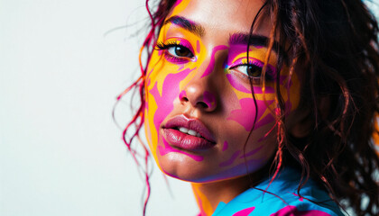 Colorful face art experiment with vibrant paints and unique hairstyle during a creative portrait session