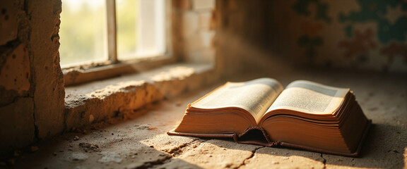 Obraz premium A weathered book resting on an aged surface illuminated by soft sunlight, evoking a sense of quiet contemplation and nostalgia in a rustic setting