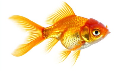 A shiny goldfish swimming gracefully, fins spread wide, isolated on a bright white background,