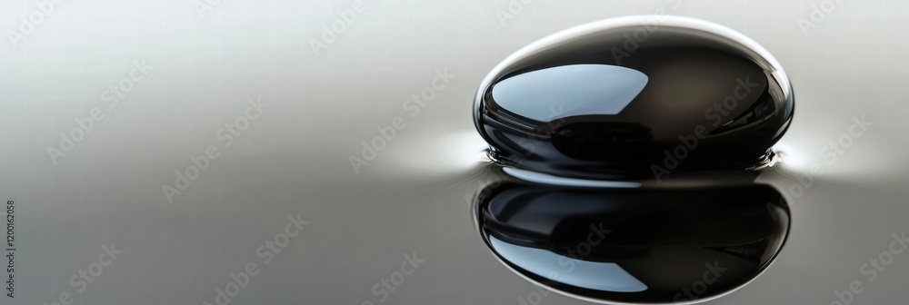 Leinwandbilder close up of a glossy black oil drop reflecting light on a smooth surface at a serene location. gener