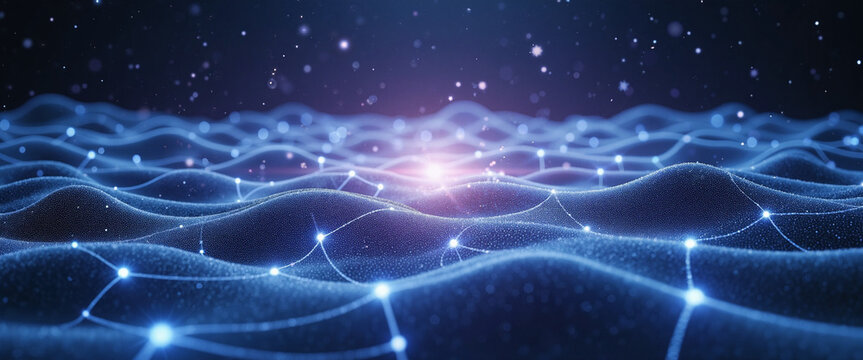 Digital representation of interconnected networks illustrated through luminous blue waves against a dark background evoking a sense of depth and technological advancement