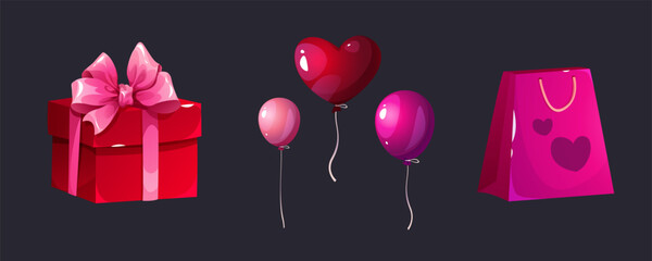 Party decorations set. Vector collection of cartoon gifts and balloons. Holiday design elements