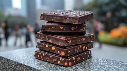 Artisanal chocolate bars on a stone bench in a city park with modern architecture