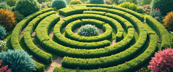 Naklejka premium Lush green hedge maze with vibrant flowers conveying a sense of tranquility representing nature's beauty in a circular ecosystem with a bright blue sky in the background