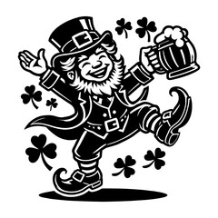Cheerful Leprechaun Figurine for St. Patrick's Day Celebration Silhouette, black and white Vector Art isolated on white background