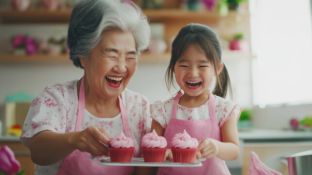 Senior Asian woman with grandchild wearing matching pink aprons, displaying homemade pink cupcakes and sharing joyful moment