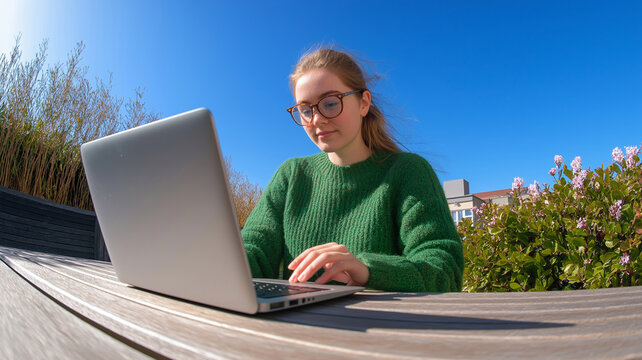Freelance professional typing on laptop, sitting at rustic wooden desk near sunlit window during productive workday