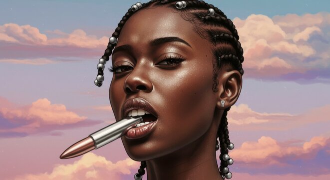 Black woman biting the bullet, bullet in teeth, common phrase