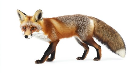 Fototapeta premium A sly fox sneaking forward, its tail bushy, isolated on a pure white background,