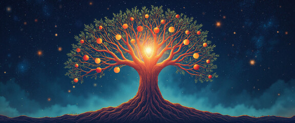 Luminous tree with vibrant orange fruits silhouetted against a deep cosmic sky, radiating warmth and inviting wonder, evoking feelings of serenity and transcendence