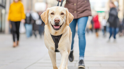 Trained service dog guiding visually impaired teenager across crowded urban sidewalk, demonstrating companionship and independence