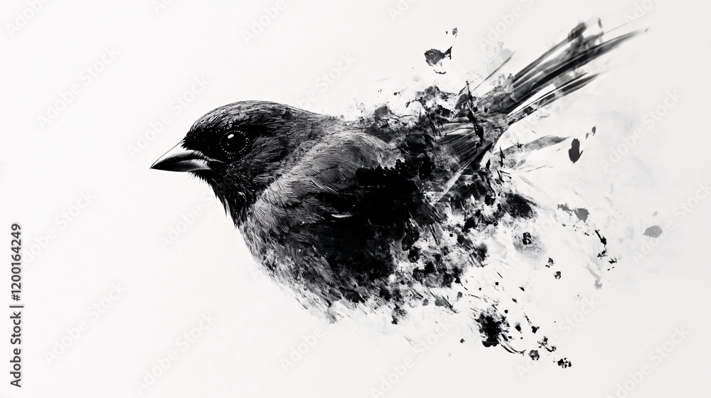 Poster a striking monochrome illustration of a bird in flight, blending realism with abstract splatters and