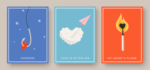 Valentines Day cards with a hooked heart, a heart shaped cloud, and a matchstick flame of love