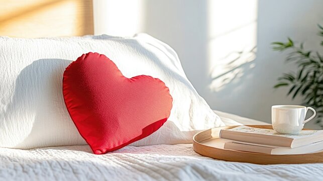 Heart Pillow on Bed with Tea and Book