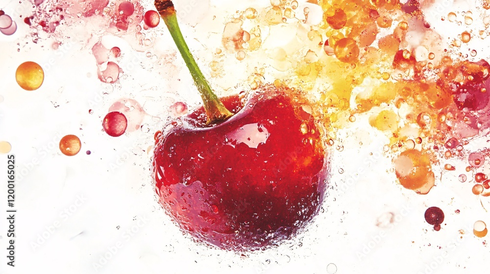 Poster a vibrant red cherry splashes into sparkling water, creating a dynamic burst of bubbles and color.