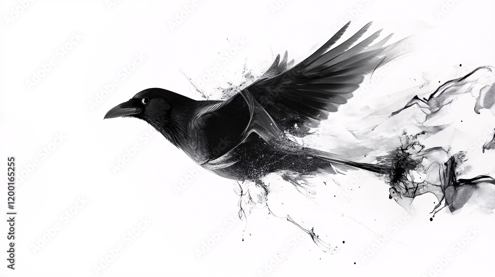 Poster a dynamic black crow in flight, captured in an abstract style with splashes of ink, evoking a sense 