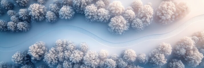 Aerial View, Snowy Trail Winding Through Frost Covered Forest, Creating a Magical Winter Wonderland