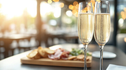 Champagne glasses nestled near charcuterie board, soft fairy lights illuminating romantic dining scene with gourmet appetizers