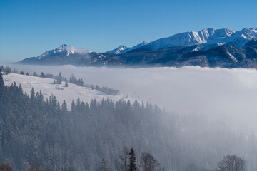 Beautiful panorama of the Tatra Mountains in the winter time of year.