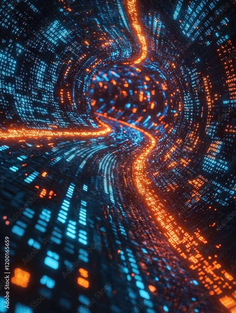 Poster a swirling vortex of binary code in orange and blue hues creates a futuristic tunnel effect. ideal f