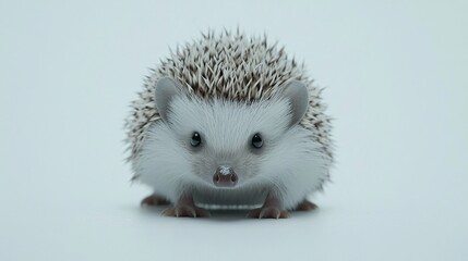 A cute, fluffy hedgehog with prominent spines and bright eyes, showcasing its adorable features against a minimalist background.