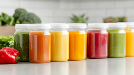 Vibrant fruit and vegetable purees stored in reusable baby food jars, promoting healthy eating habits and sustainability in the kitchen