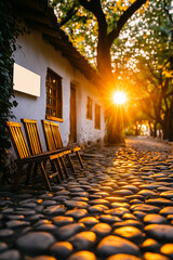 Sunset over cobblestone path with wooden chairs
