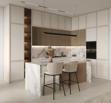 Modern classic visualization side view  kitchen-living room in beige tones. Kitchen set with frames and flush glass, kitchen island with bar stools, black pendant lamp, marble stairs in the background