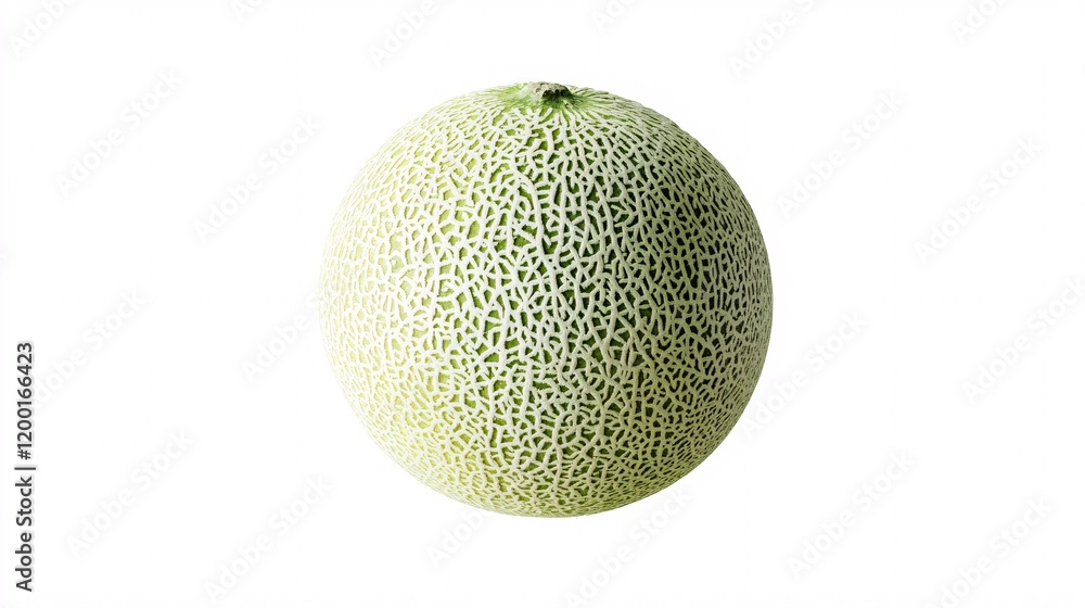 Poster a beautifully textured green cantaloupe showcasing its intricate netting pattern.