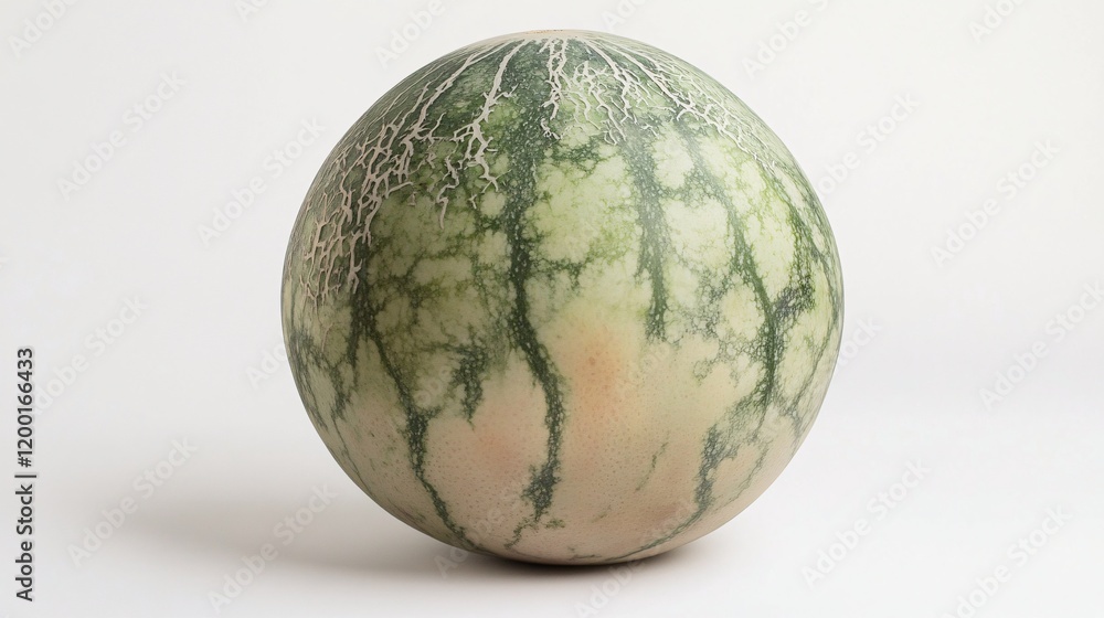 Poster a close-up of a spherical watermelon featuring intricate green and pale patterns.