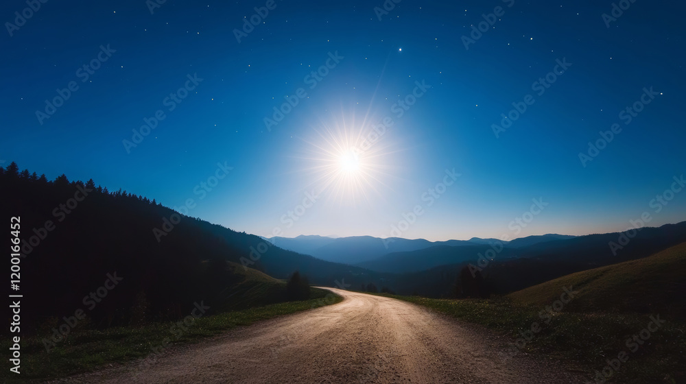 Wall mural scenic view of a path winding through hills under a bright moon and starry sky, creating a tranquil 