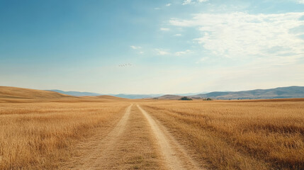 Fototapeta premium Golden wheat field stretching toward rolling hills, dirt road curving through ripening crop, blue sky overhead with flying birds