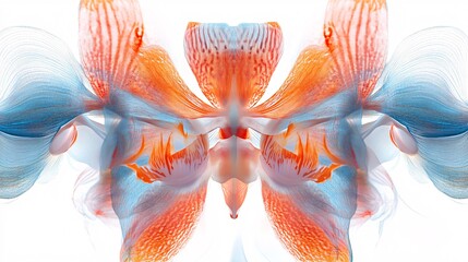 Intricate beauty of an orange and blue orchid displayed in a delicate symmetrical pattern.