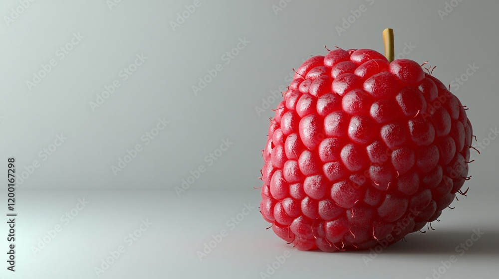 Poster a close-up of a plump red raspberry against a soft gray backdrop, highlighting its vibrant color and