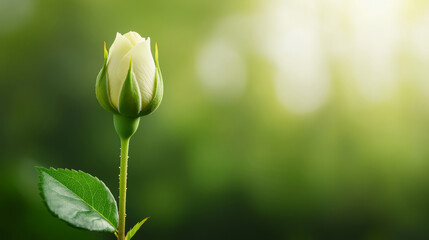 Pristine white rosebud emerging, soft luminescence caressing delicate petals against blurred verdant garden background, natural radiance highlighting botanical elegance