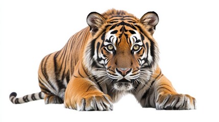 Fototapeta premium A stealthy tiger crouching as if ready to pounce, its eyes sharp, isolated on white,