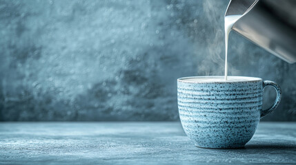 A barista's hands pouring milk from a sleek stainless steel jug into a steaming coffee cup creating intricate latte art in a cozy café modern minimalist background blurred with open space


