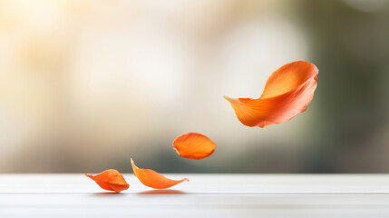 Orange withered flower petals falling slowly to white wooden floor with blurred garden background in bright natural light