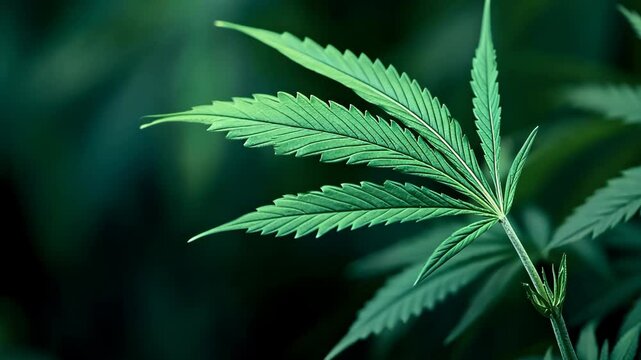 Close-up view of a cannabis leaf illuminated by soft lighting in a green backdrop during the day