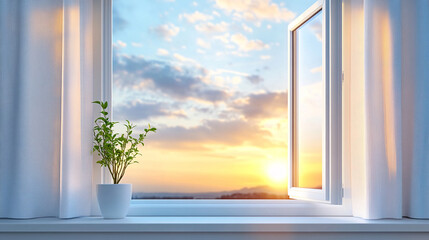 An open window with a gentle breeze flowing through, representing freedom and possibility, with a modern blurred background and space for captions, evoking a sense of peace and clarity.

