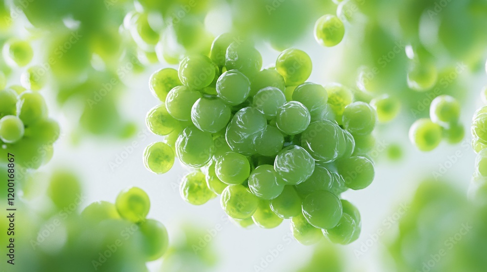 Poster a close-up of green microalgae clusters floating in a light background, showcasing their vibrant col
