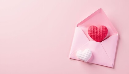 Open pink envelope with decorative red heart and white heart on a pink background, Love concept
