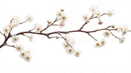 A delicate branch adorned with white blossoms and golden centers, creating a serene and tranquil atmosphere.